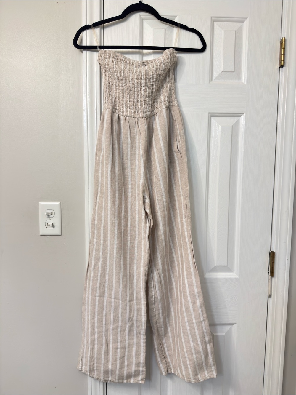 Smocked Strapless Wide-Leg Jumpsuit in Beige Stripe